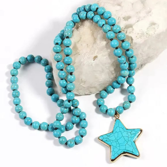 Turquoise Star Natural Stone Beads Bohemian Western Necklace - Picture 1 of 9